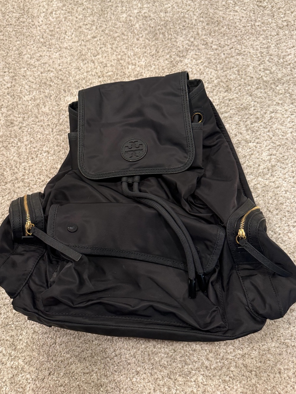 Tory Burch Black Nylon Backpack with Gold Hardware Accents
